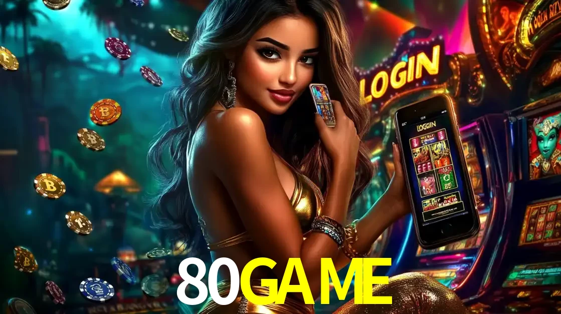 Mulher em um cenário de cassino temático de aventura, mostrando o app de caça-níqueis da 80GAME no celular. Fichas de apostas flutuam ao redor.