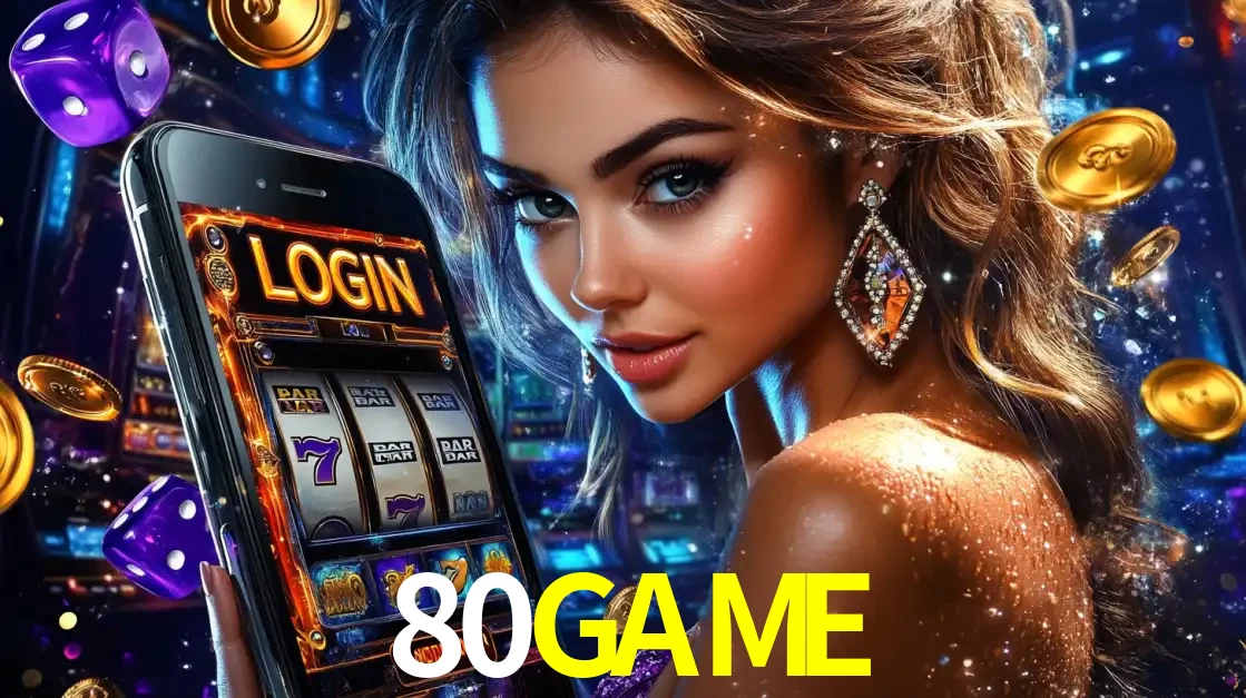 Mulher glamorosa segurando um smartphone com a tela de login para os jogos de caça-níqueis do cassino online 80GAME, com moedas de ouro e dados ao redor.