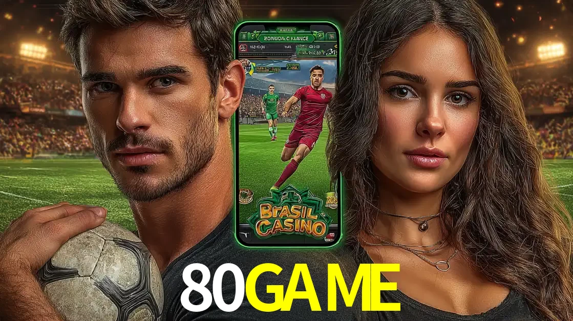 Homem segurando uma bola de futebol e uma mulher ao lado de um smartphone exibindo o jogo de apostas esportivas da 80GAME. Faça seu palpite no cassino online.